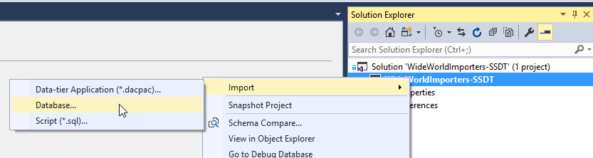 In Solution Explorer, WideWorldImporters-SSDT is selected. From its right-click menu, Import and then Database are selected.
